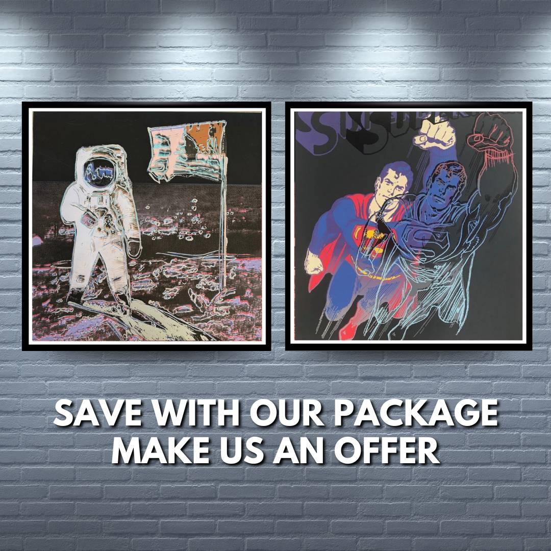 Two framed artworks on a brick wall with promotional text below.